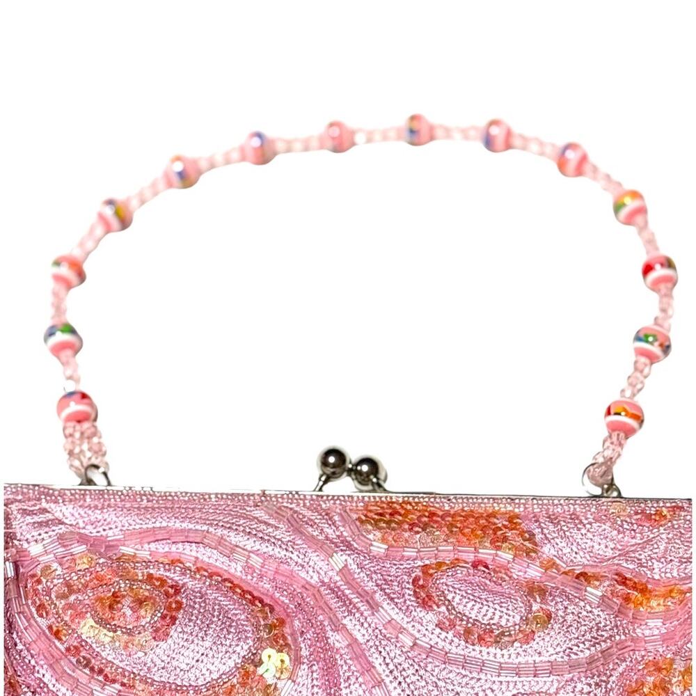Small Light Pink Sequin Purse w/ Beaded Curved Strap - Multicolor Shimmer - Picture 3 of 7